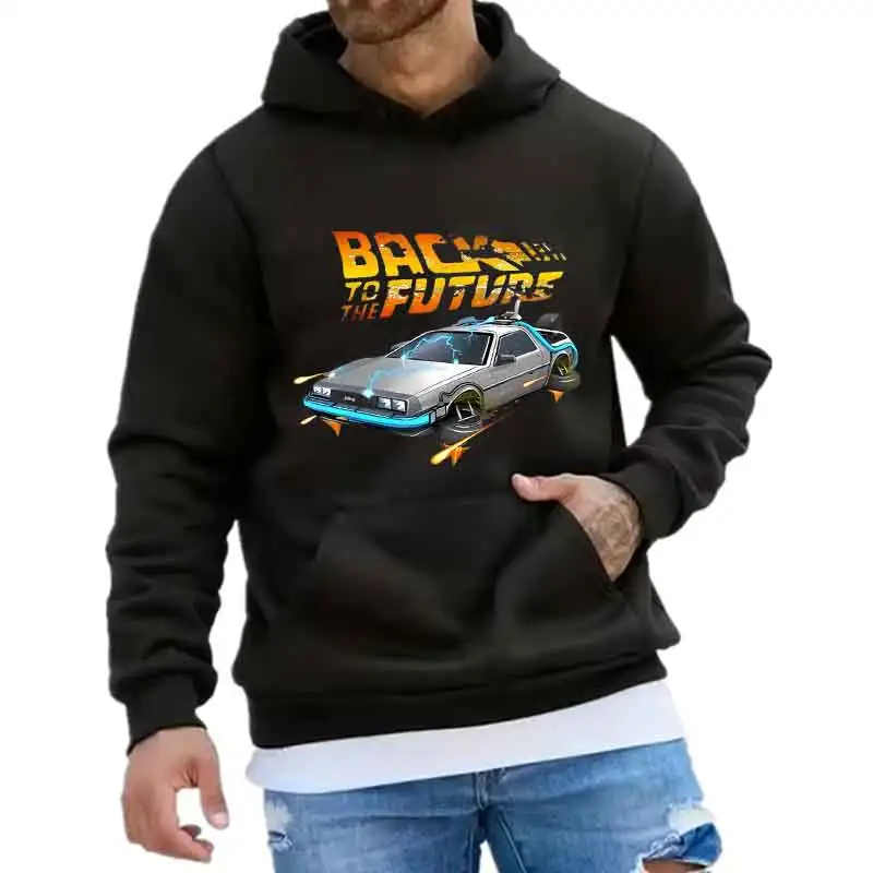 Back To The Future Retro DeLorean Car Print Hoodie Long Sleeve Tops Men Casual Streetwear Pullover Spring Autumn Unisex Clothing