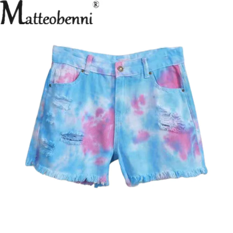 Sweet Style Colourful Tie-dye Denim Shorts Female Fashion Tassel Straight Three Quarter Pants Streetwear Women New 3-point Jeans