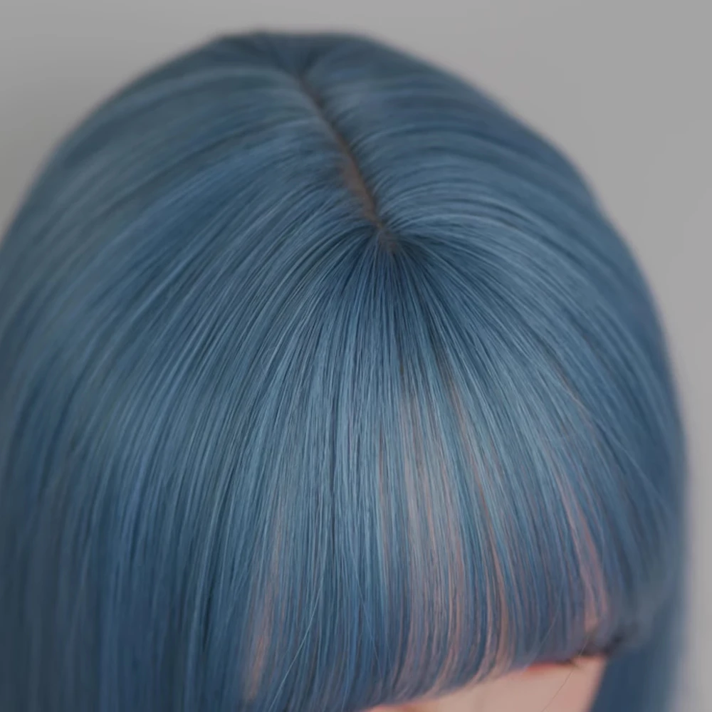 Peluca azul recta corta sintética con flequillo para mujer, pelo esponjoso Natural, peluca de Cosplay Lolita para fiesta diaria