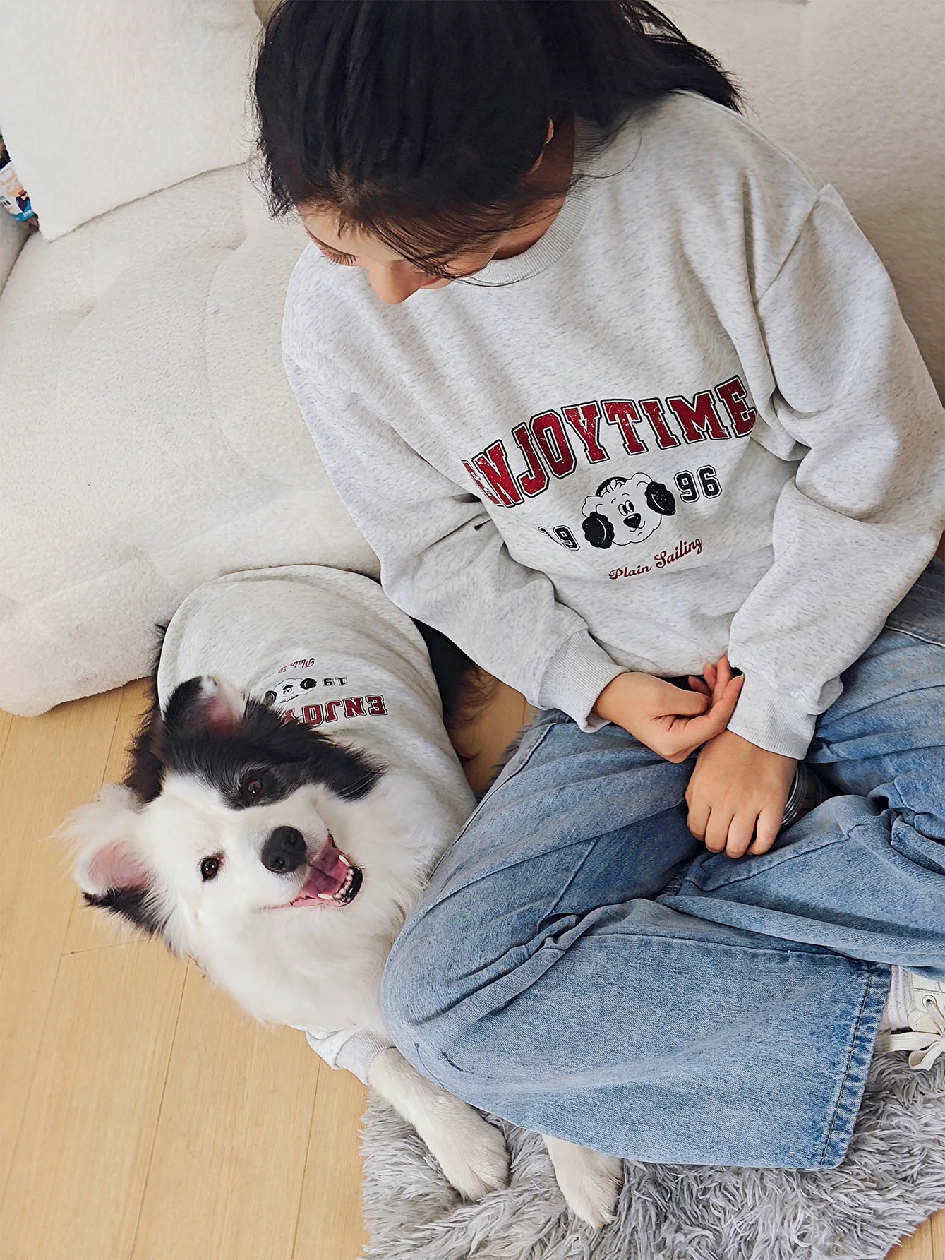 개 고양이 티셔츠 성인 부모-자녀 의상 여름 새로운 줄무늬 웃는 얼굴 면 티셔츠 느슨한 두 다리 옷 부모-애완 동물