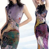Elegant New Chinese Style Printed Vintage Design Unique Exquisite Beautiful Long Dress Women Summer New Sleeveless Gown
