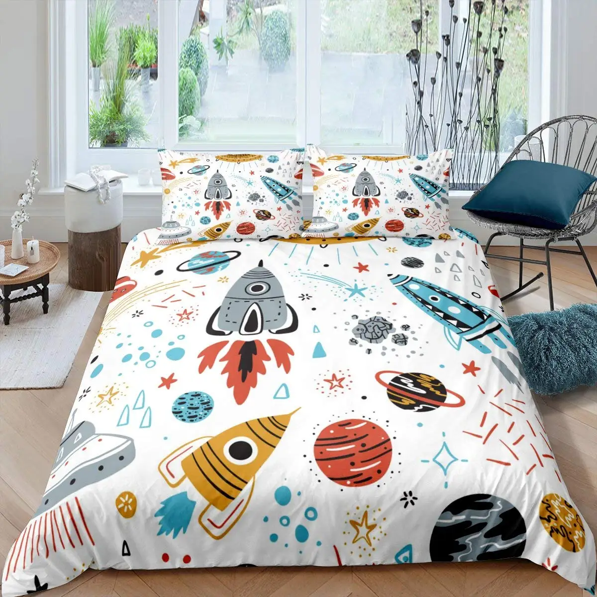 

3pcs Rocket Duvet Cover Set King Size Spaceship Bedding Set Twin Outer Space Galaxy Stars Planet Cartoon Style Quilt Cover