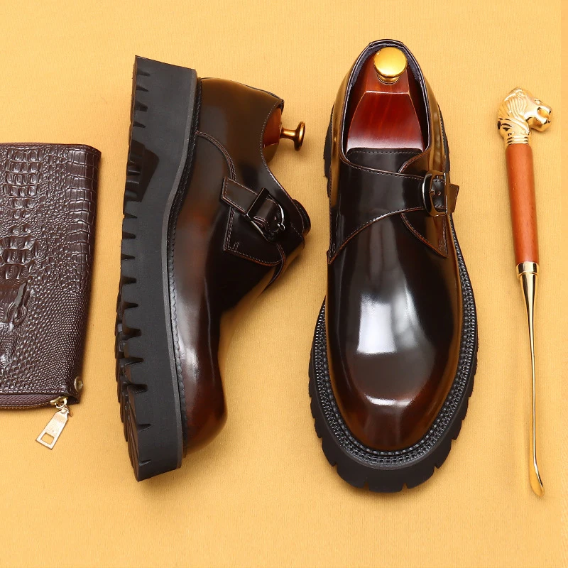 Mens Leather Dress Shoes British casual leather shoes genuine leather formal business men shoes thick soled Oxford patent Derby