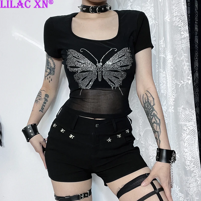 

Y2K Goth Black Butterfly Rhinestone Short Sleeve Slim T-Shirt Sexy Lace Mesh See Through Corset Crop Tops Women Summer Tees