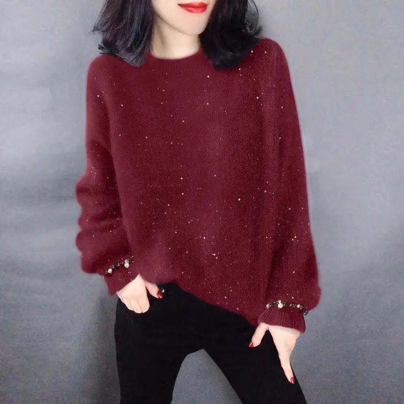 여성용 스팽글 모조 밍크 벨벳 스웨터, 루즈 캐주얼 오버사이즈 풀오버 상의, 심플한 올 매치 점퍼, 가을 겨울