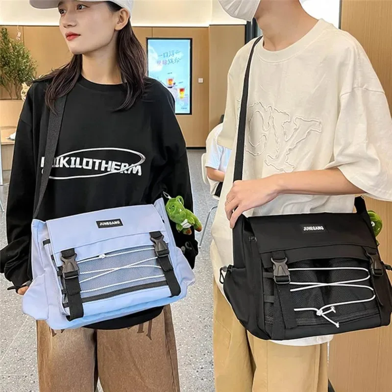 Harajuku Teenagers Nylon Crossbody Bag with Meshes Pouch, School Campus Student Shoulder Bag, Stylish Multi Pocket Messenger Bag