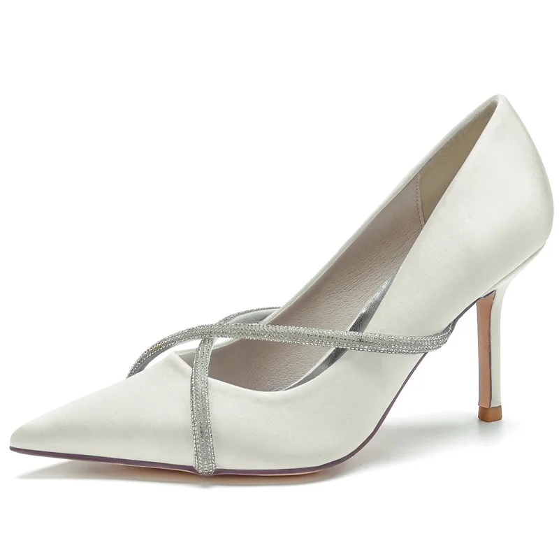

Satin Rhinestones High Heel Wedding Shoes for Bride Pointed Toe Women Heels Cross Strap Birdal Party Evening Formal Pumps