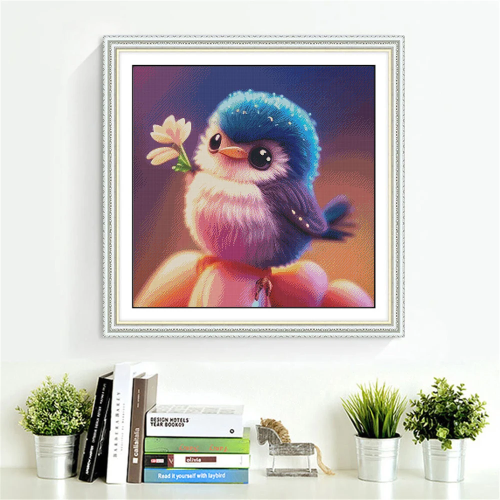 HUACAN Cross Stitch Bird Animal Needlework DMC Printed Canvas DIY Cartoon Home Decoration Embroidery Kits Flower 50x50cm