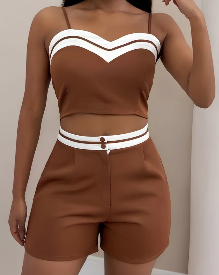 Women Fashion Suits 2024 Summer Latest Casual Resort Beach Sweetheart Neck Spaghetti Strap Cami Top&contrast Paneled Shorts Set