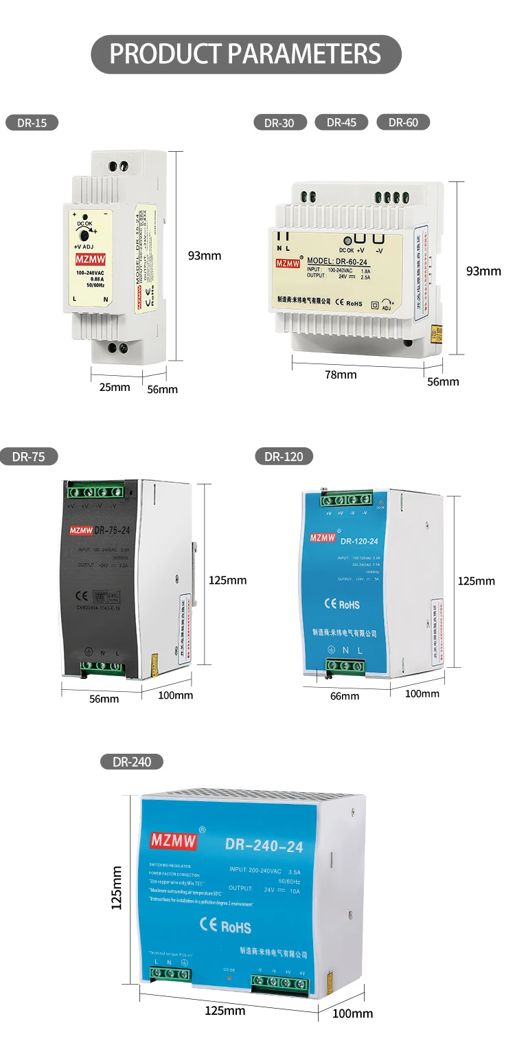 Description Picture 5 of itemDR DIN Rail Switching Power Supply Series 15W AC To DC 100-240VAC 5V 12V 24VDC LED Strip Industrial Transformers Adapter