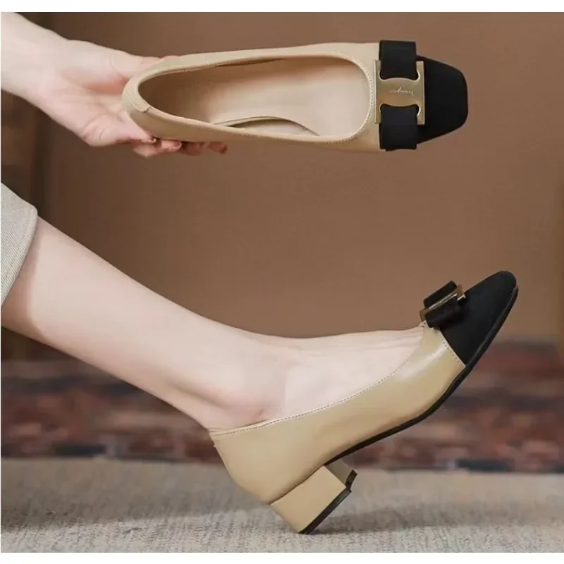 New Temperament Elegant Fashion High-heeled Shoes Women's Shoes Spring Bow Mid-heel Leather All-match Thick-heeled Shoes 3
