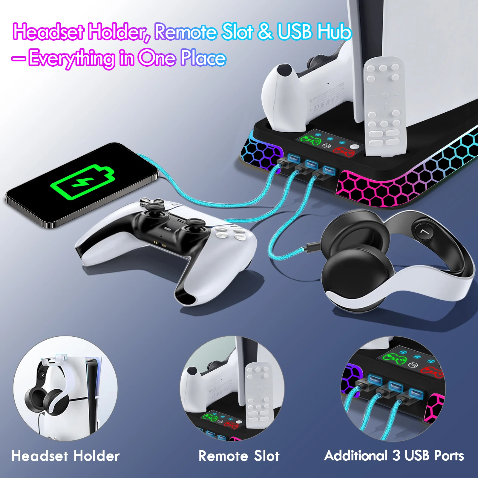 PS5/PS5 슬림/PS5 Pro 모델용 올인원 쿨링 스탠드 베이스: YH66S (RGB 조명 효과, 수납 기능 및 컨트롤러 포함)