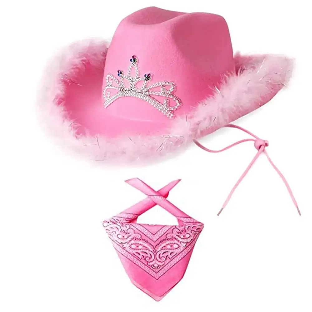 Kids Western Cowboy Hat With Head Scarf Set Children Boys Girls Halloween Cosplay Cap Carnival Party Cowgirl Costume Accessory