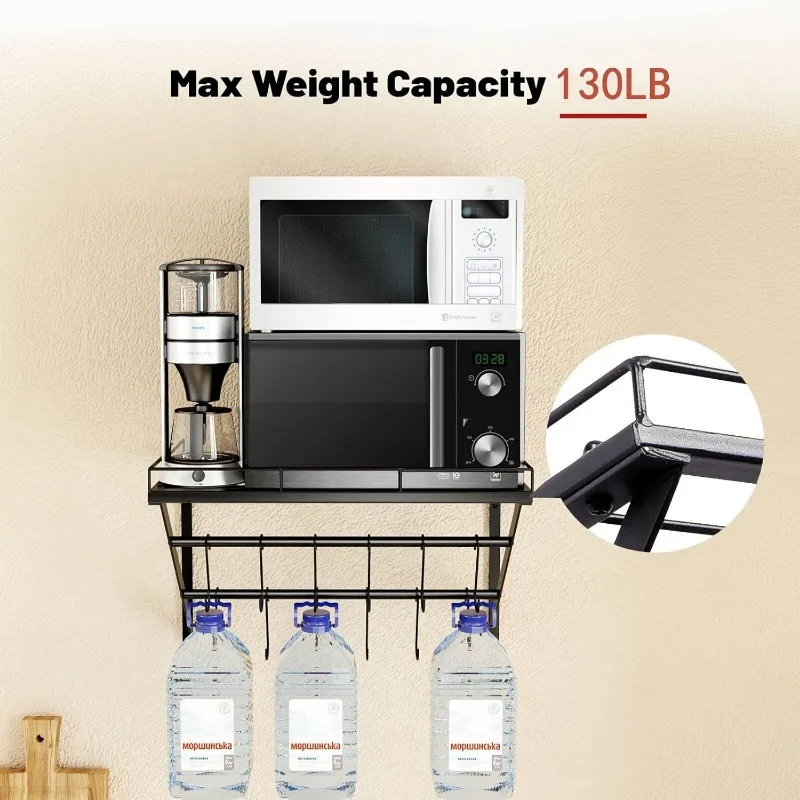 31 Inch Wall Mounted Pot Rack Storage Shelf with 2 Tier Hanging Rails 14 S Hooks included, Ideal for Pans 3