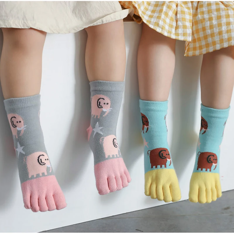 5 Pairs 3-6-12Y Children Pure Cotton Toe Socks Cute Animal Elephant Star Cartoon Five Finger Socks for Baby Boys Girls Gift