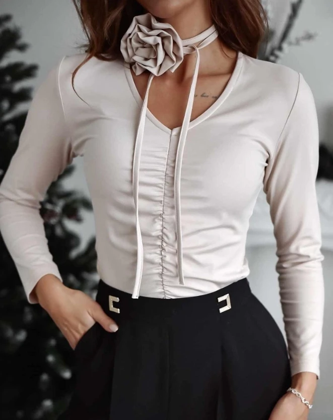 

Fashion Fall Long Sleeve Tops Women Elegant T Shirt Tops Rose Detail V-Neck Ruched Tee Top Casual Slim Fit Blouse Top With Scarf