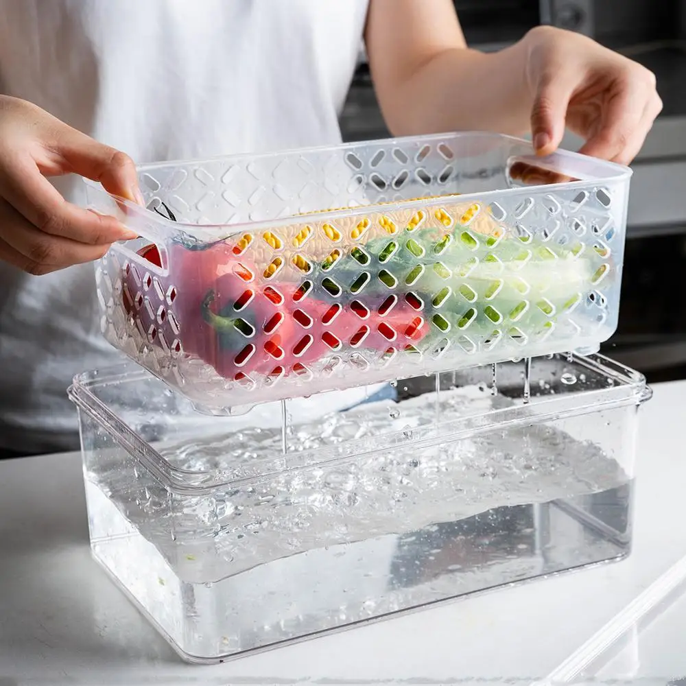 

Refrigerator Food Storage Containers With Drainer Kitchen Vegetable Fruit Fresh Storage Box With Lid Fridge Stackable Organizer