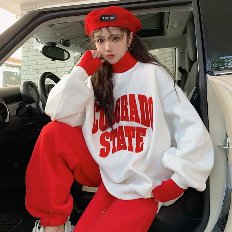 Sports suit women's autumn and winter contrasting high neck casual fashion with plush thick hoodie_voghion.com