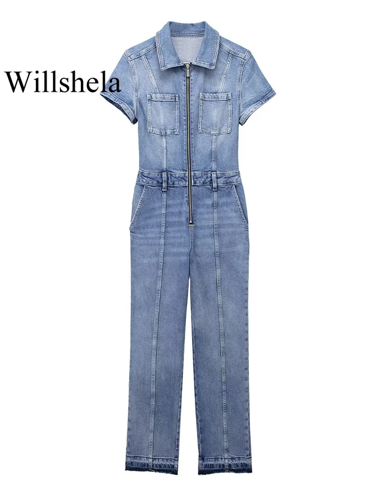 

Willshela Women Fashion With Pockets Denim Blue Front Zipper Jumpsuits Vintage Lapel Neck Short Sleeves Female Chic Lady Rompers