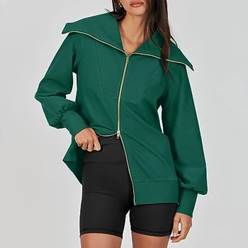 Zip Up Sweatshirt Solid Color Women Long Sleeve 1