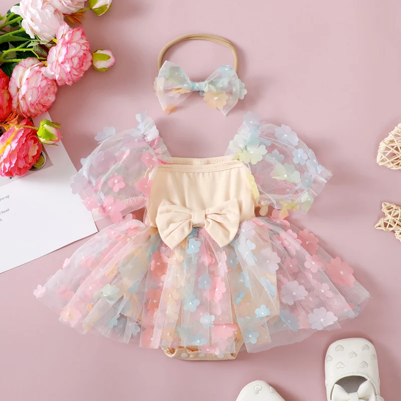 

Baby Girls Rompers Dress Flower Embellished Short Sleeve Mesh Skirt Hem Infant Bodysuits Summer Clothes With Headband 0-24 M