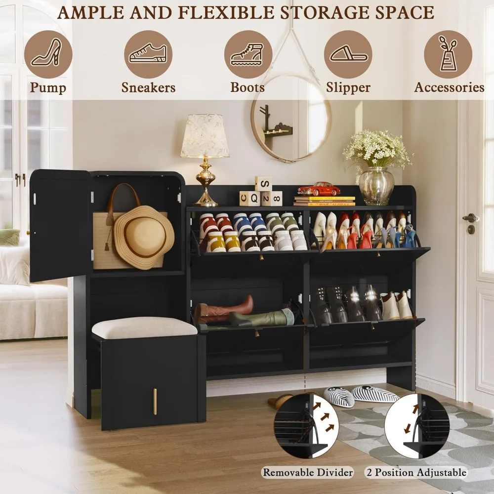 Modern Shoe Cabinet with 4 Flip Drawers, Large Shoe Storage Cabinet with Hidden Stool & Adjustable Shelves, Wood Shoe Rack Organ 3