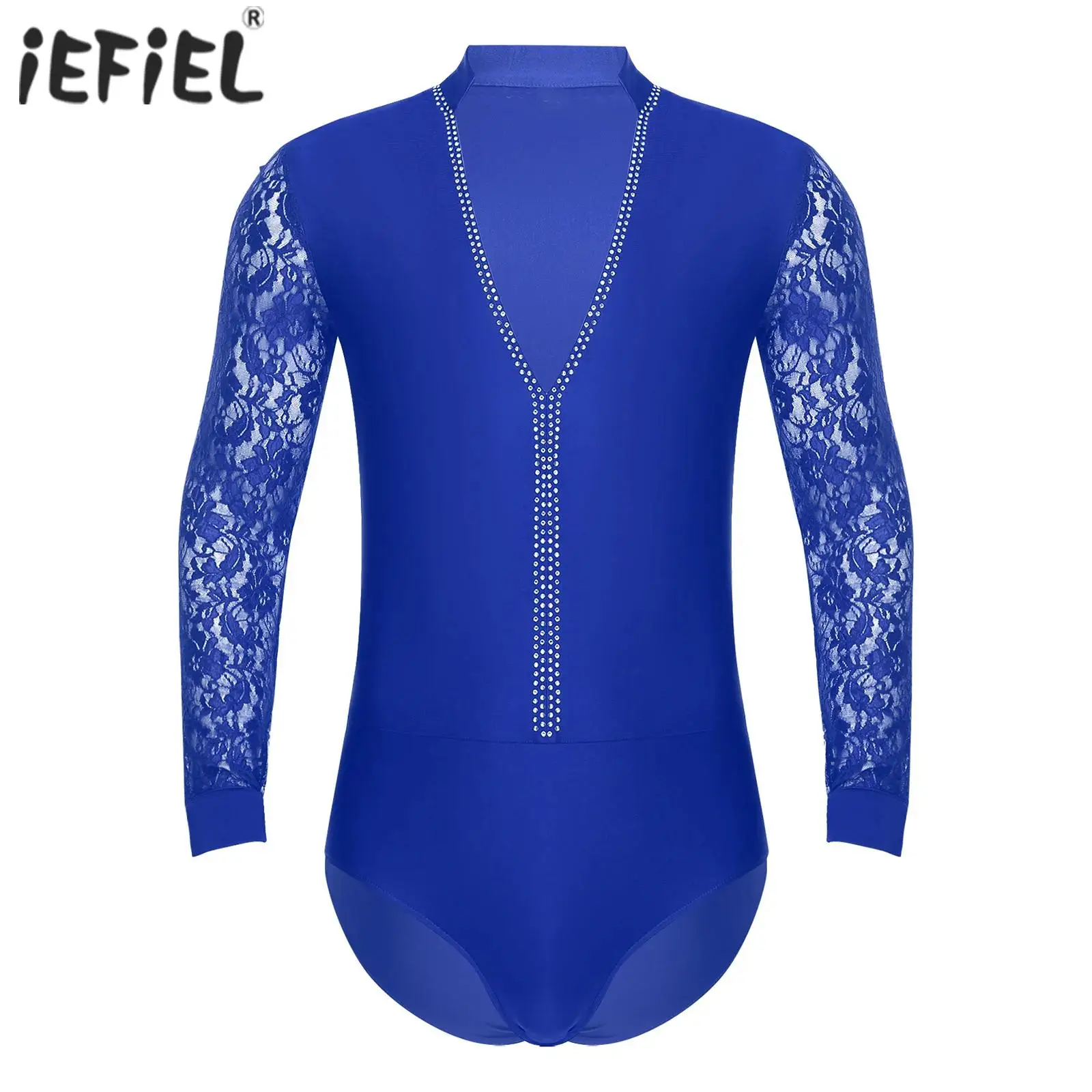 Mens Sparkling Rhinestones Latin Ballroom Dance Performance Costume Long Sleeves Bodysuit Shirt Tops Tango Latin Leotard Costume