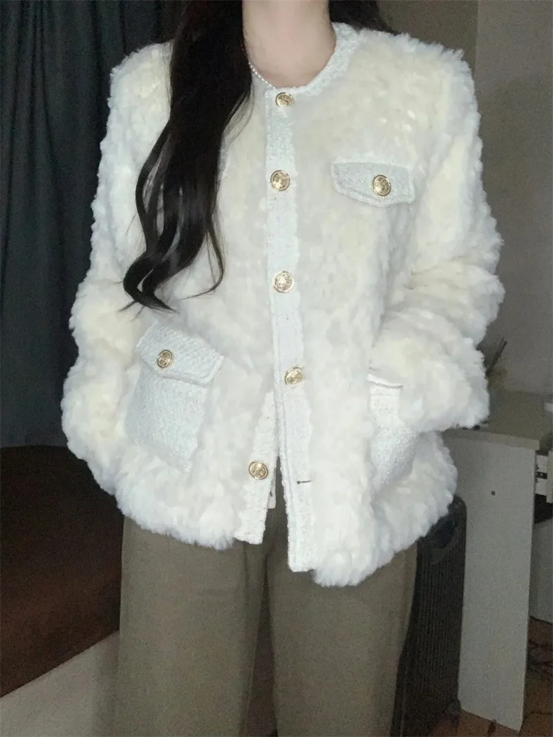 Autumn Winter Lamb Wool Coat Women's New Small Fragrance Round Neck Environmental Protection Fur Rabbit Fur Down Korean Version