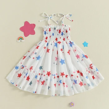 Adorable Baby Girls American Flag Dress Sleeveless Star Print Patriotic Dress with Tie-up Straps and Embroidered Letters for 5