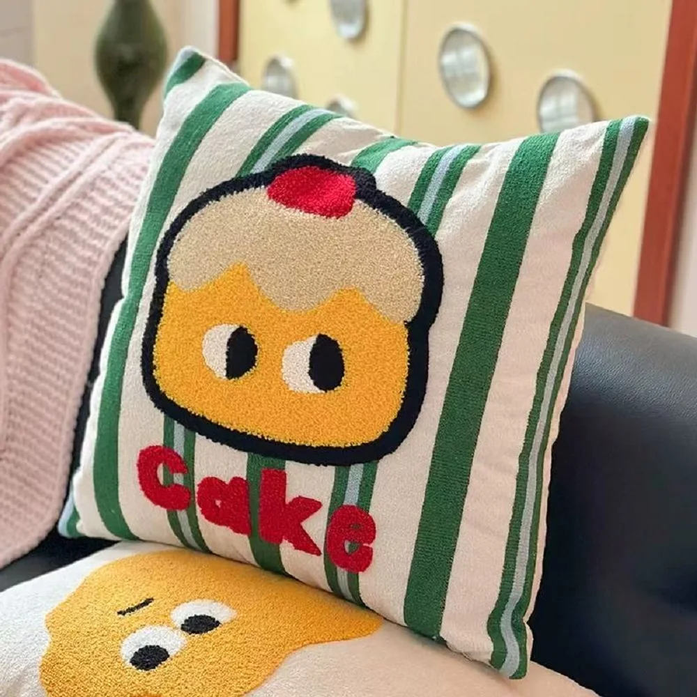 Contemporary Embroidered Cream Pillow Cover - Washable & Soft Home Décor Square Cushion Cover with Cartoon Design