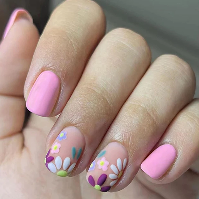 Uñas postizas esmeriladas de 24 piezas, Uñas postizas cortas con patrón de  flores rosas, manicura de verano, puntas de uñas acrílicas artificiales -  AliExpress