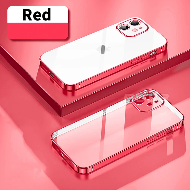Luxury Soft Silicone Case for iPhone 13 12 11 Pro Max mini XR X XS Plating Square Frame Shockproof camera protect Clear TPU case Red