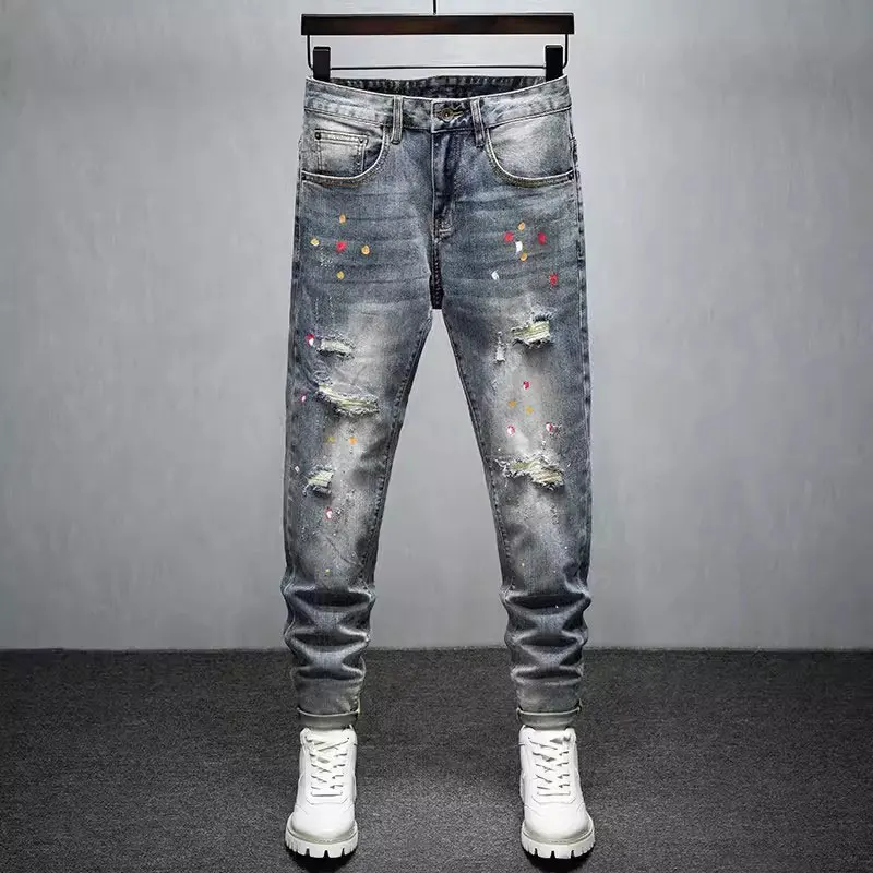 Street Fashion Men Jeans Retro Washed Blue Stretch Skinny Fit Ripped Jeans Men Painted Designer Hip Hop Vintage Denim Pants