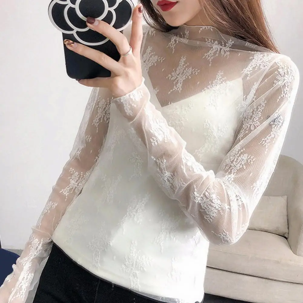 

Floral Hollow Mesh Sheer Women Tops Sexy Crew Neck Long Sleeve Embroidered Lace See-Through Shirt Clubwear