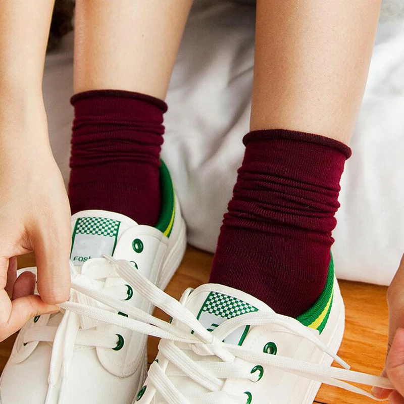 

Retro Socks Women Casual Meias Female Knitted Cotton Autumn Calcetines Mujer Nude Black Green Wine Red Vintage Girls