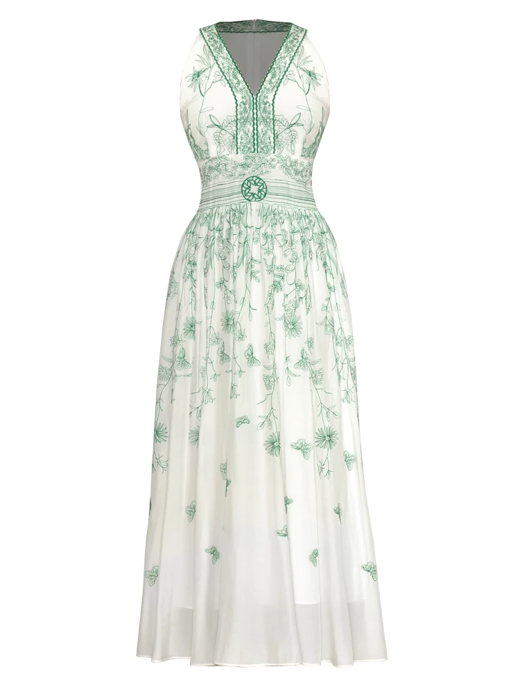 

High Quality Vintage Luxury Summer Women'S Bohemian Sexy Party Vintage Elegant Designer Chic Embroidered White Vest Long Dress