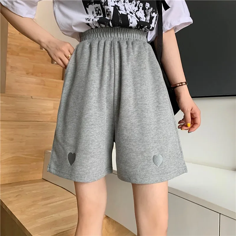 Summer New Love Embroidery Shorts Elastic Waist Loose Solid Color All-match Straight Pants Casual Fashion Women Clothing