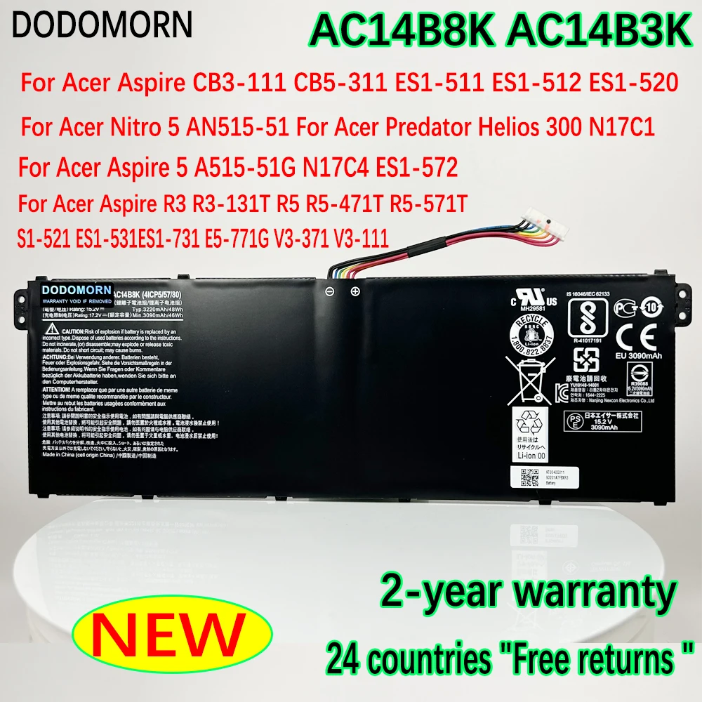 Dodomorn Ac14B8K Batteria Per Laptop Per Acer Aspire Cb3-111 Cb5-311 Es1-511 Es1-512 Es1-520 Nitro 5 An515-51 Predator Helios 300