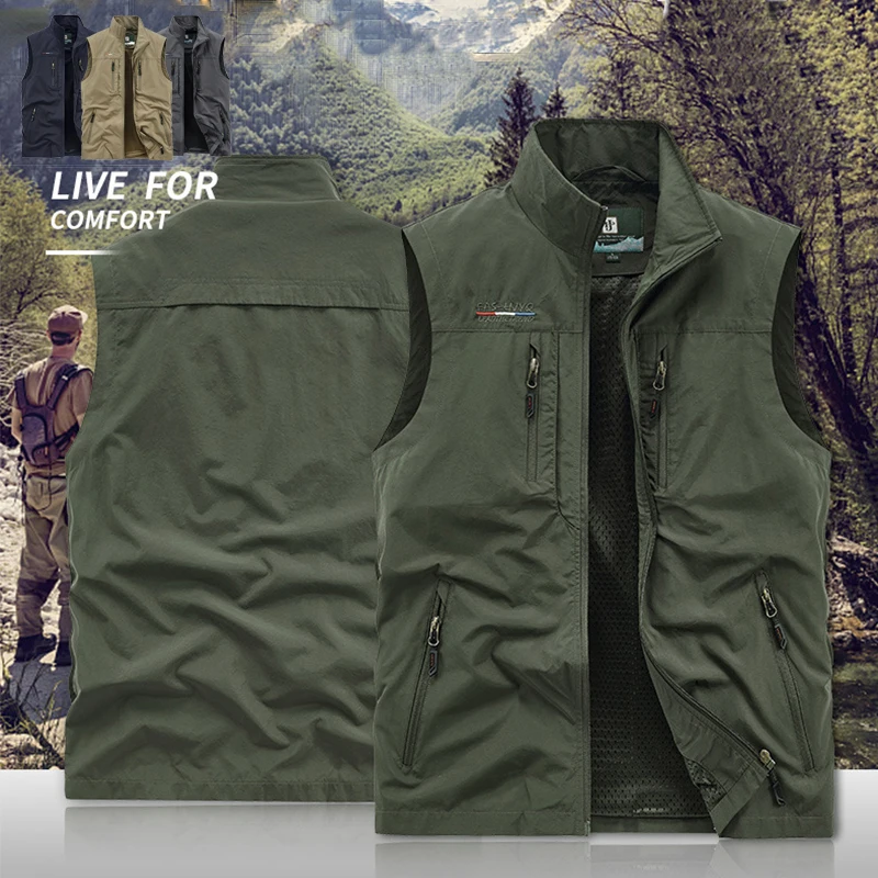 M-6XL 낚시 하이킹 멀티 포켓 캐주얼 루즈 조끼 남성용, 레저 조끼 재킷, 단색 툴링 스타일 얇은 조끼