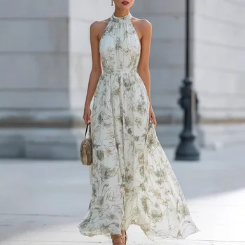 2026 Summer Women's New Style Halter Neck Floral Dress Women's French Style Waist Swing Dress