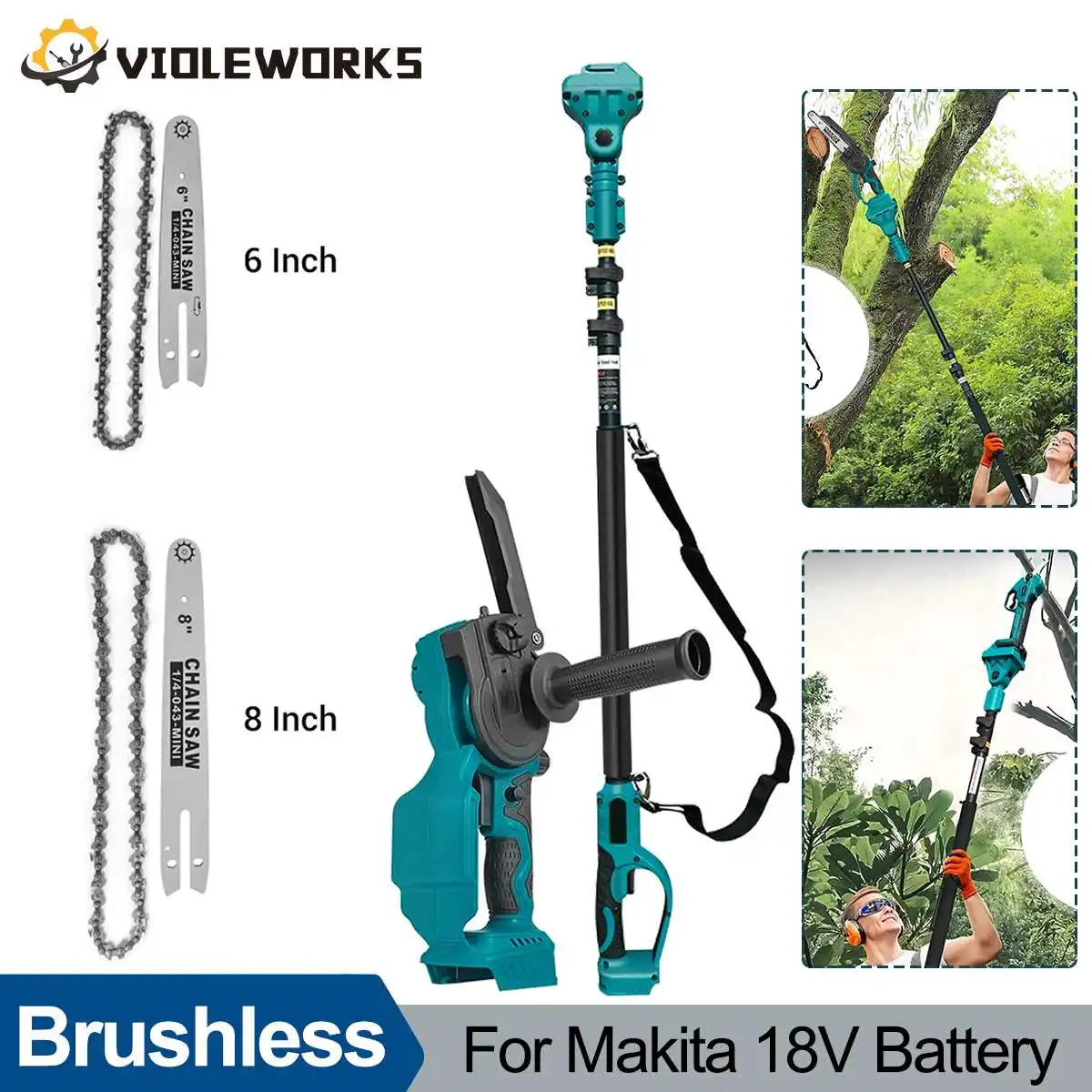 6inch 8inch Brushless Electric Chain Saw With 2.5m Extension Pole Woodworking Saw Cutting Power Tool for Makita 18V Battery