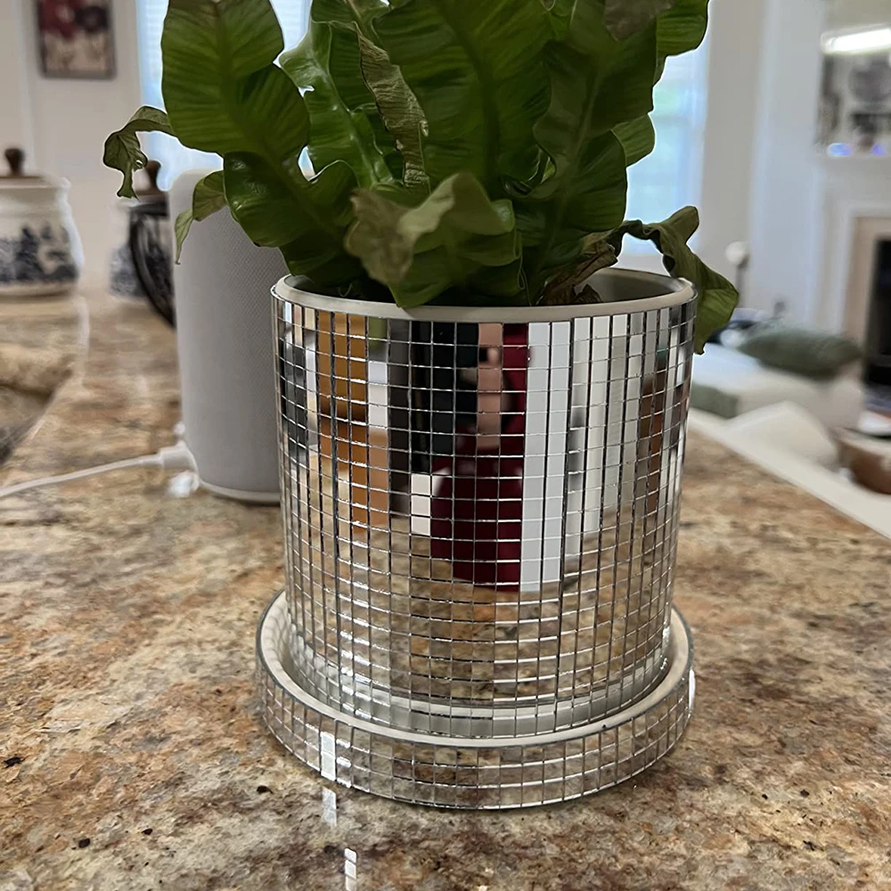Disco Ball Planter Pot with Drainage Hole Ceramics Mirror Disco Ball Vase Plant Pot Flower Pot Flat Base Mirror Disco Ball Vase 2