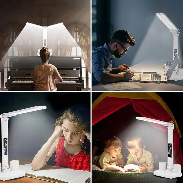 LED horloge lampe de Table USB rechargeable tactile lampes de bureau 2 têtes 180 rotation pliable Protection des yeux bureau lecture veilleuses 6