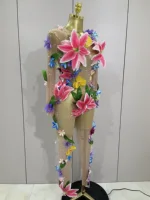 2025Sparkly Rhinestones 3D Flower Nude Mesh Transparent Jumpsut Women Evening Party Birthday Nightclub Performance Stage Costume - Image 4