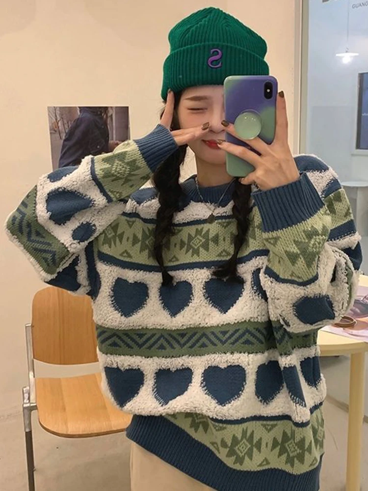 

Oversized Knitted Sweater Women Sweet Heart Pattern Knitwear Korean Stylish Casual Pullover Lady Long Sleeve Loose Female Jumper