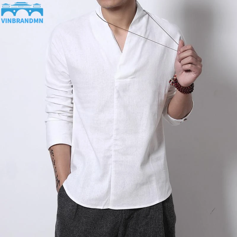

Vinbrandmn Streetwear Japanese Kimono Cotton Linen Shirt Men's Vintage V Neck Linen Shirt Lightweight Vintage T Shirt Top