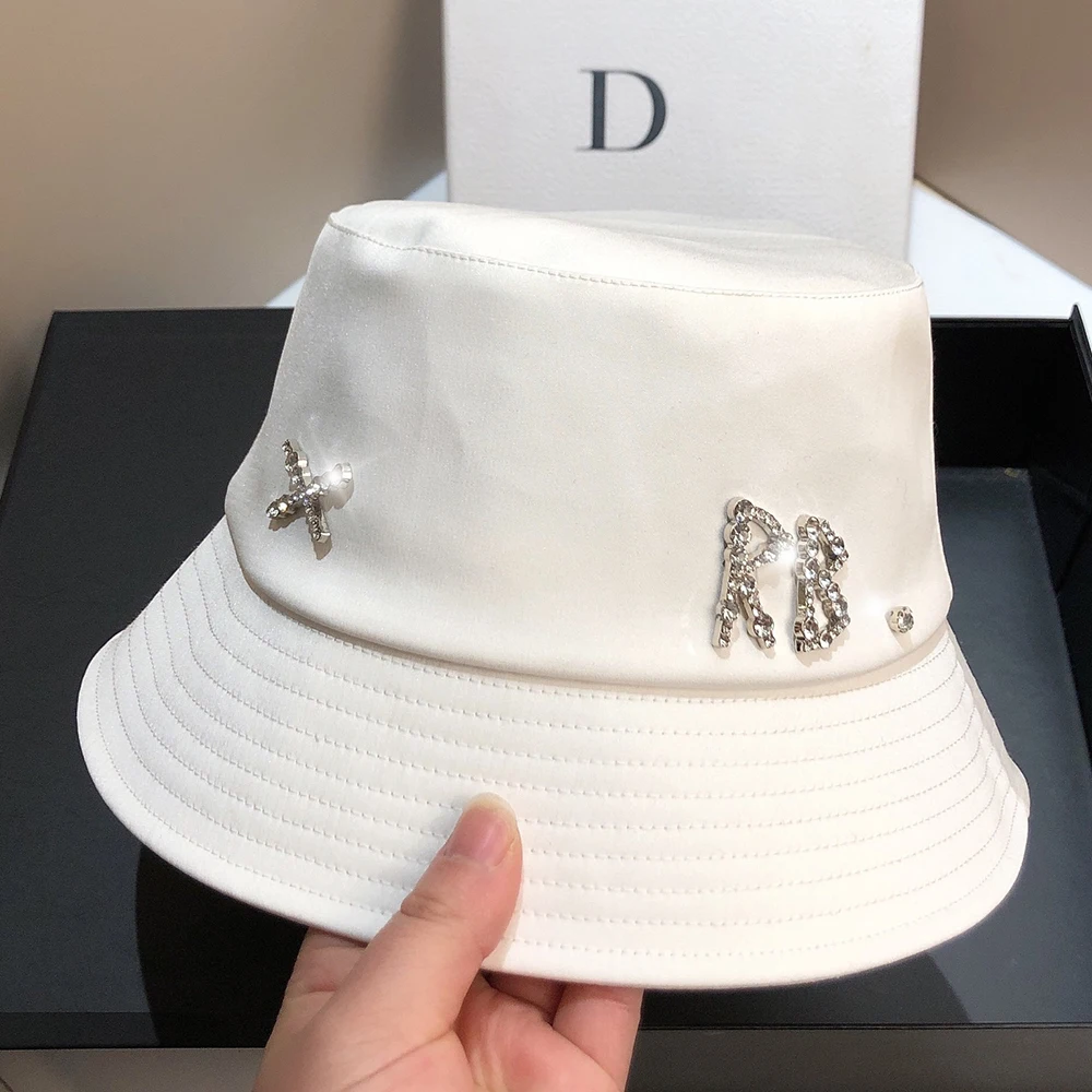 

2024 Rhinestone lettering decorated with imitation silk fashion sunshade Fisherman Hat for spring summer basin hat for women