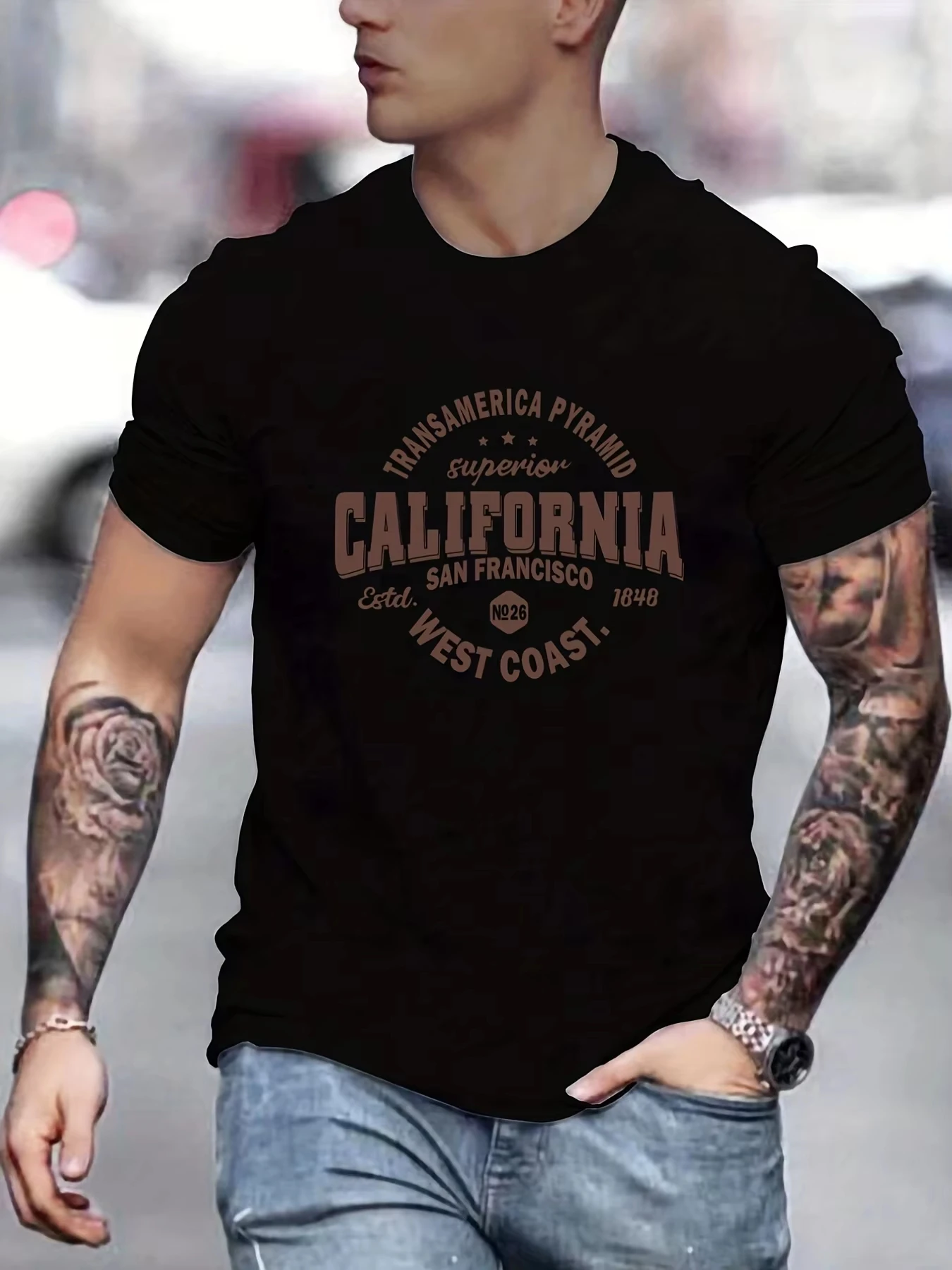 Men's Cotton Casual Sports Loose Fit California West Coast Print Round Neck Short Sleeved T-shirt Top Summer Men Clothes