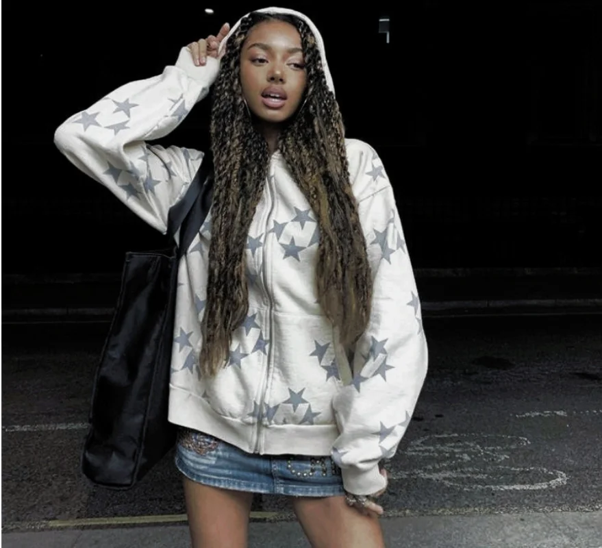 Women Vintage Star Print Hoodies Fashion Casual Zip Up Long Sleeve Loose Jacket Coats Men Hooded Sweatshirts Streetwear 2023