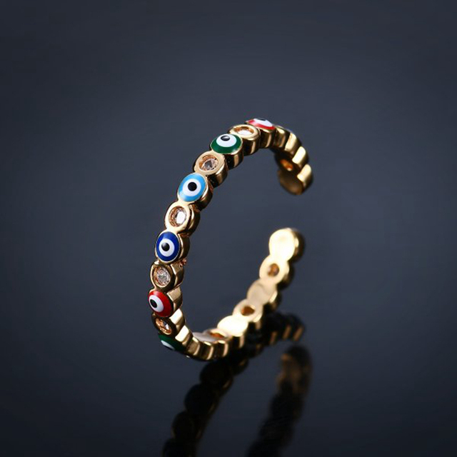 Turkish Evil Eye Ring For Women Open Rainbow Crystal Enamel Heart Beads Finger Couple Jewelry Party Girls Fashion Gifts